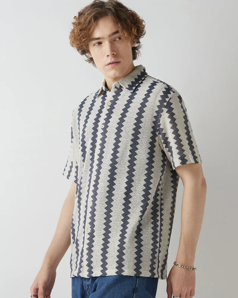 bewakoof Men's Off White & Blue Textured Oversized Shirt